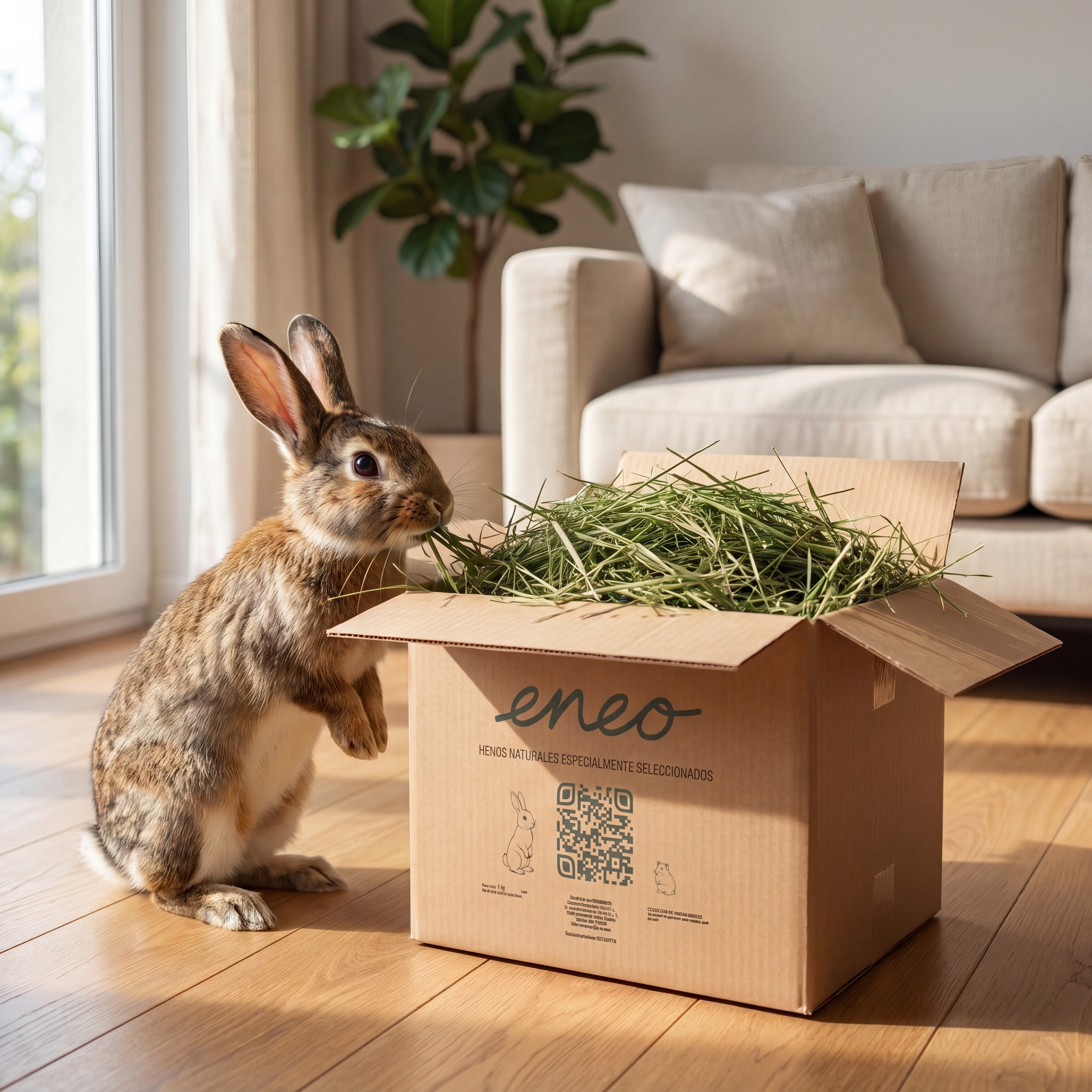 Conejo comiendo festuca de la caja eneo, salón#peso_1kg