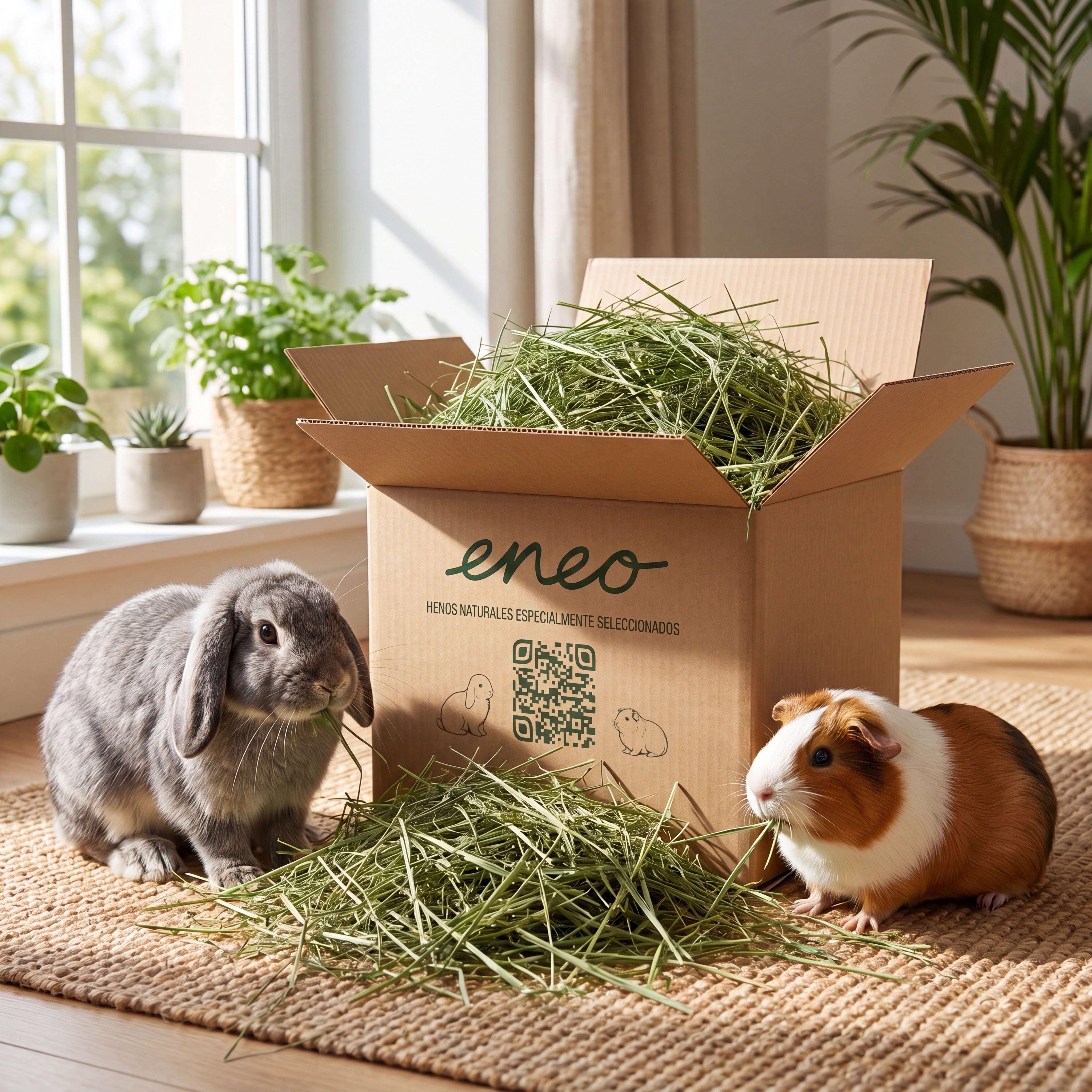 Conejo y cobaya comiendo festuca de la caja eneo, junto a ventana