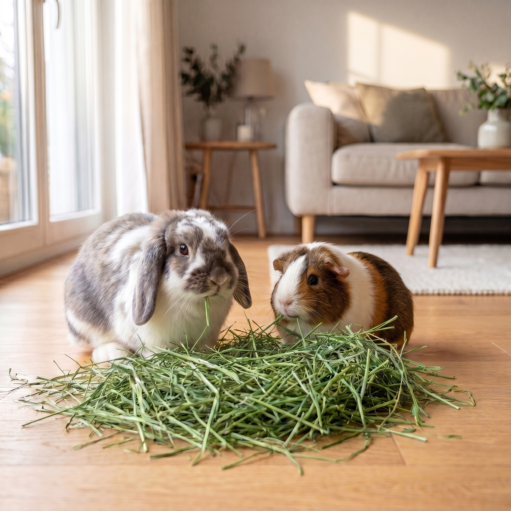 Conejo y cobaya comiendo heno 2kg