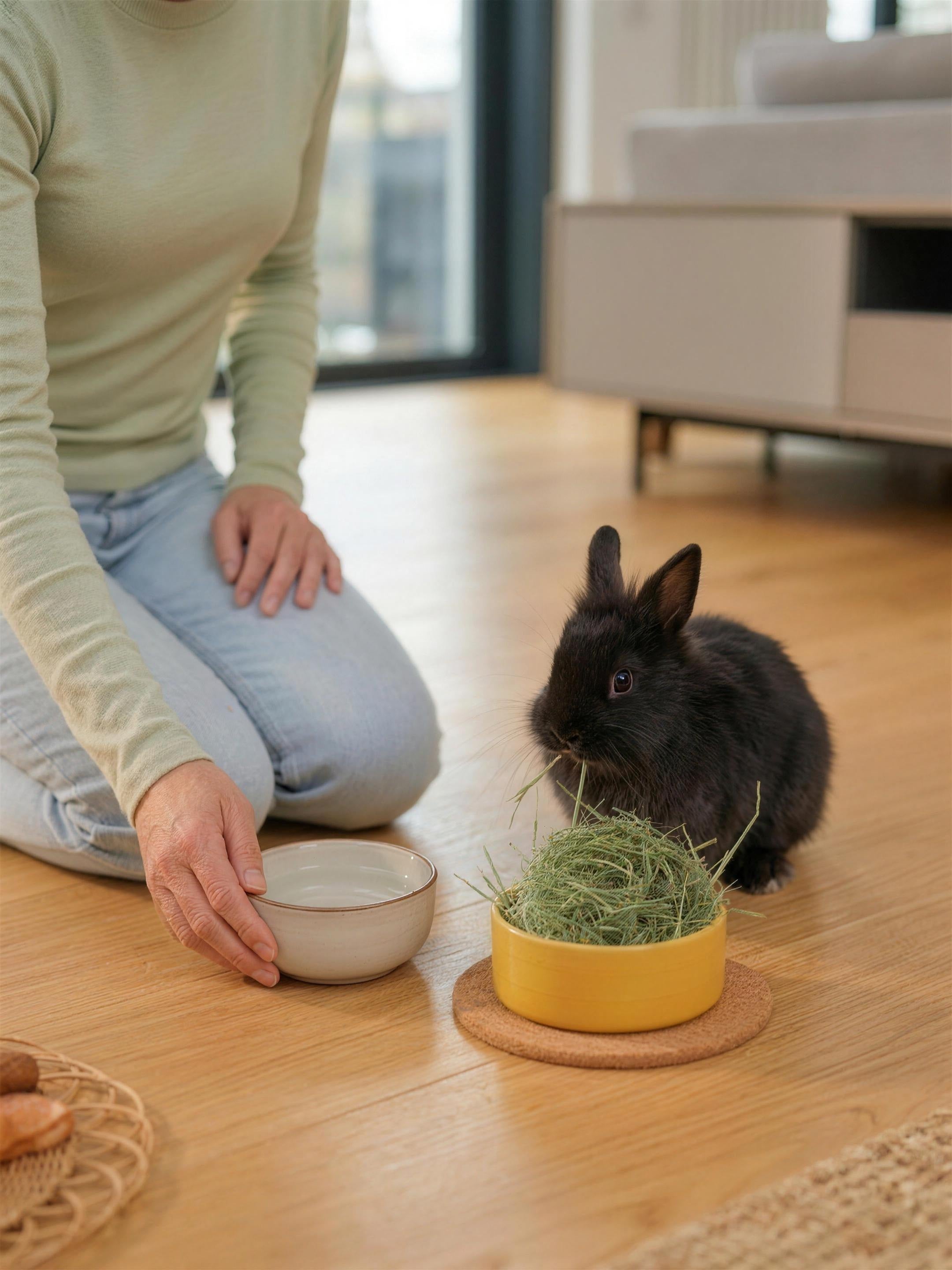 Conejo comiendo heno junto al bol#peso_500g
