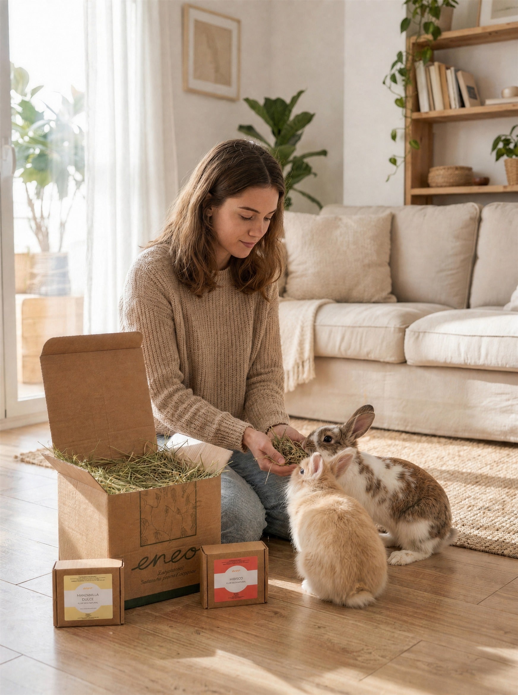 Pack Pruébame Festuca — cajas de manzanilla e hibisco con dos conejos