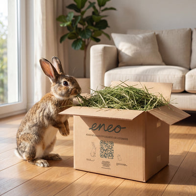 Conejo comiendo festuca de la caja eneo, salón
