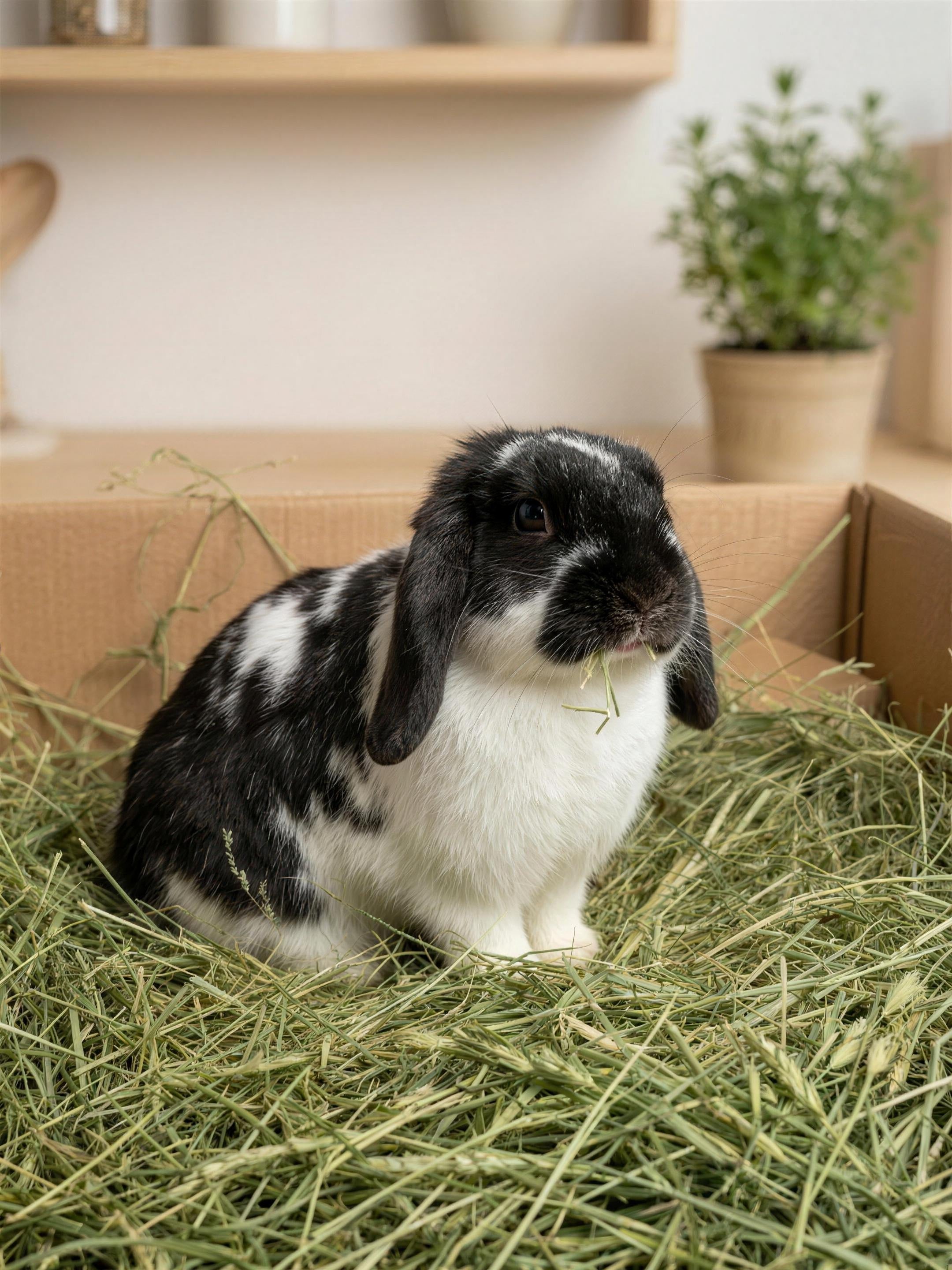 Conejo bicolor comiendo heno de la caja#peso_500g