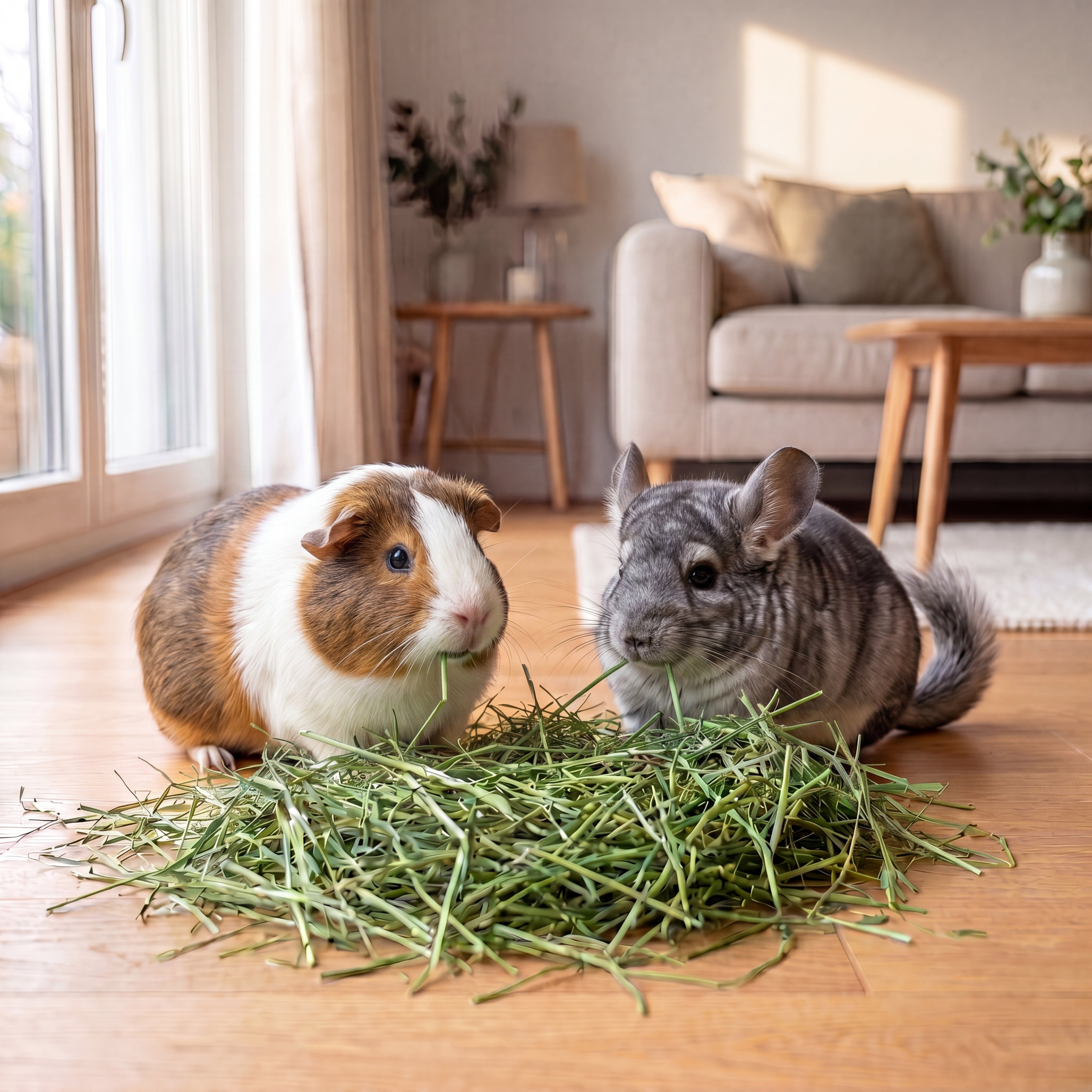 Cobaya y chinchilla comiendo festuca