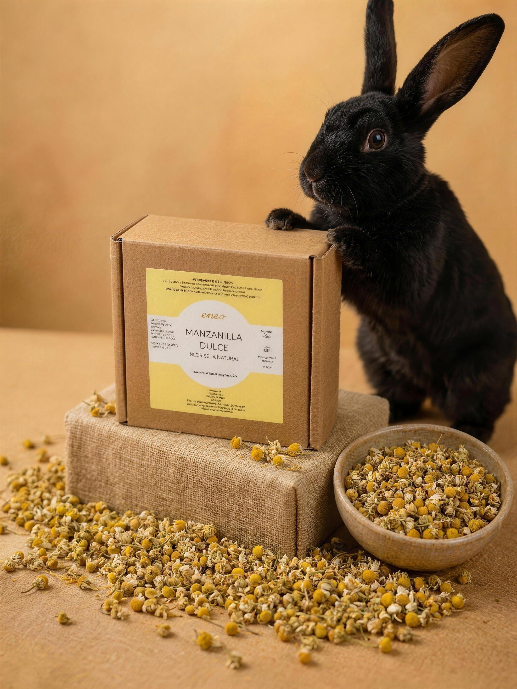 Conejo negro junto a la caja de manzanilla