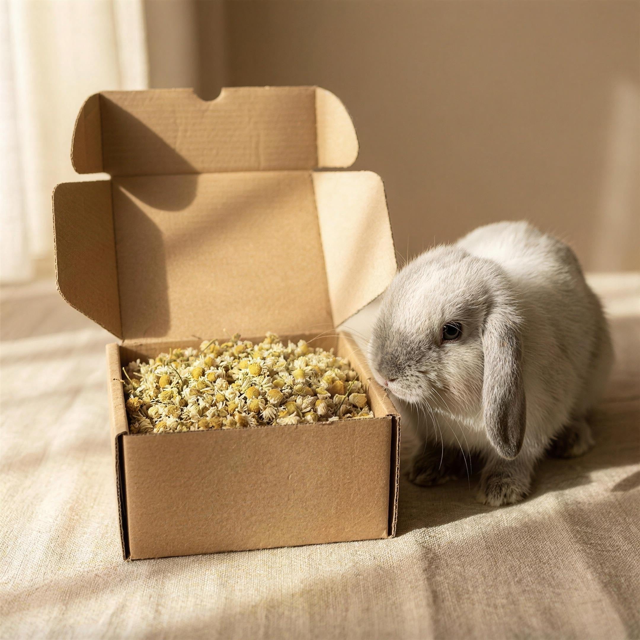 Caja de manzanilla abierta con conejo