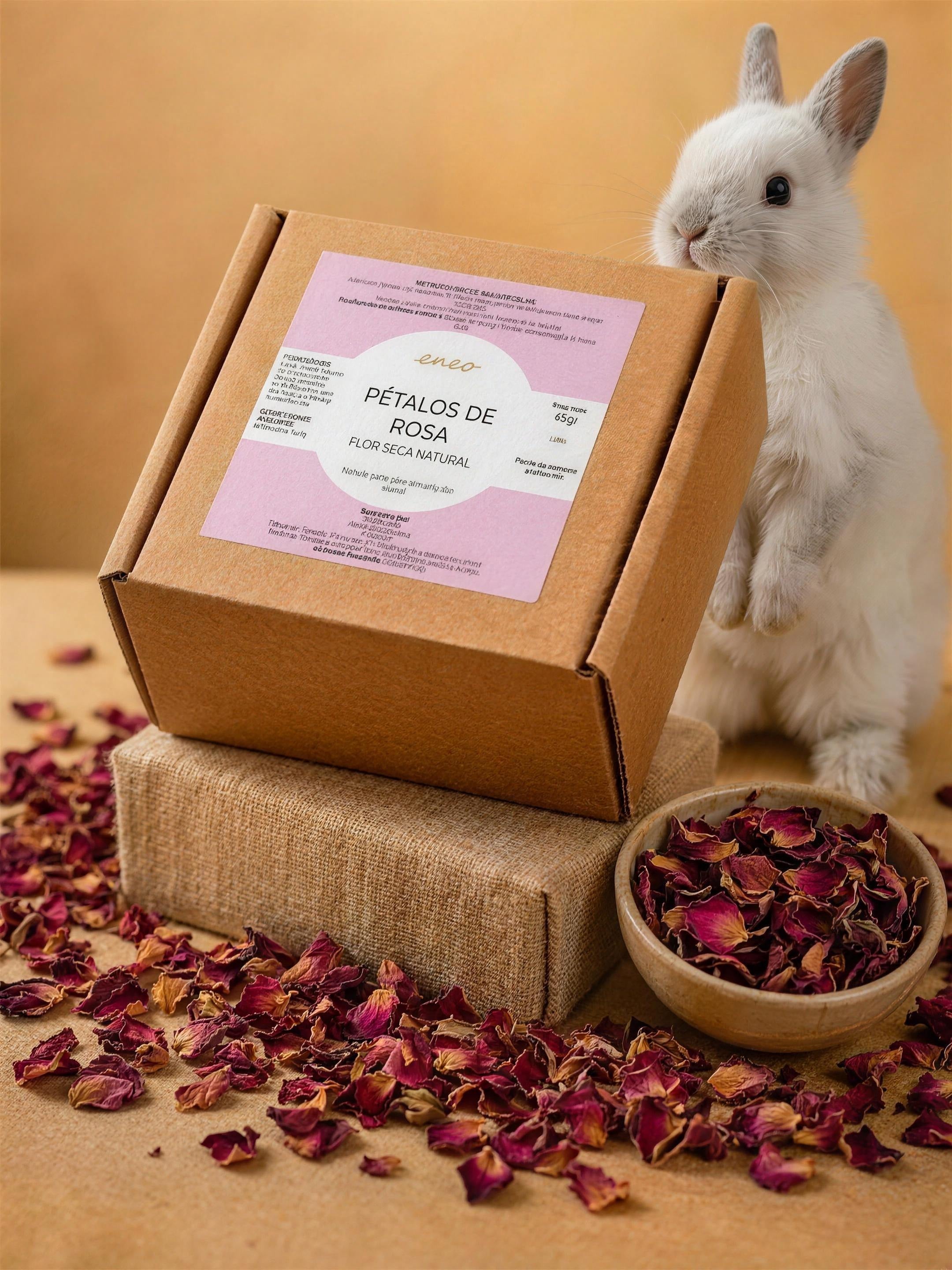 Caja de pétalos de rosa con conejo blanco