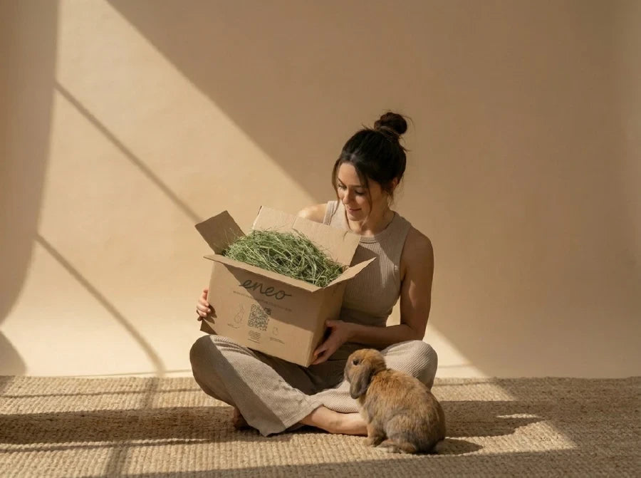 Cliente de ENEO con su conejo y una caja de heno natural